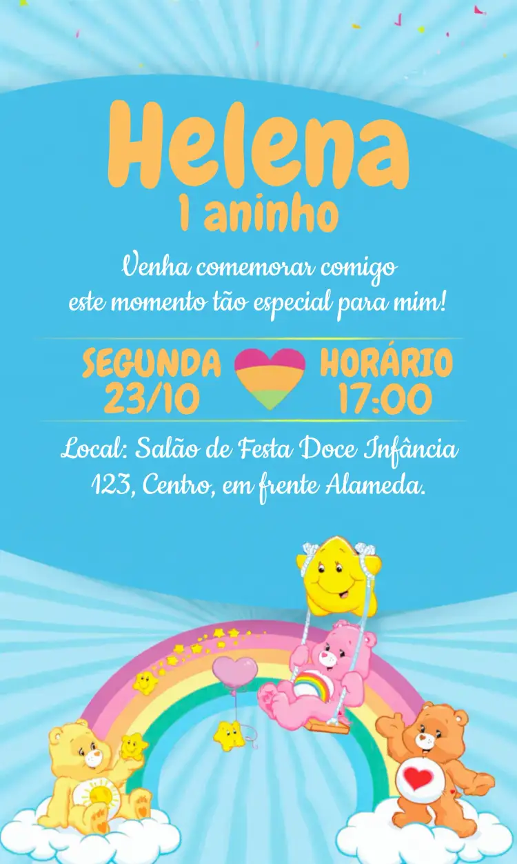 Convite Ursinhos Carinhosos Nuvens – tema Aniversário Infantil colorido, lúdico, infantil, delicado, fofo, sonhador