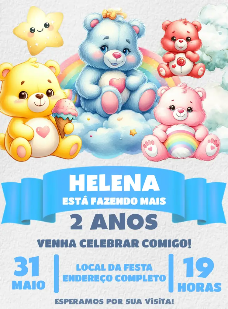 Convite Ursinhos Carinhosos Pelucia – tema Aniversário Infantil colorido, lúdico, infantil, divertido, animais, brincalhão