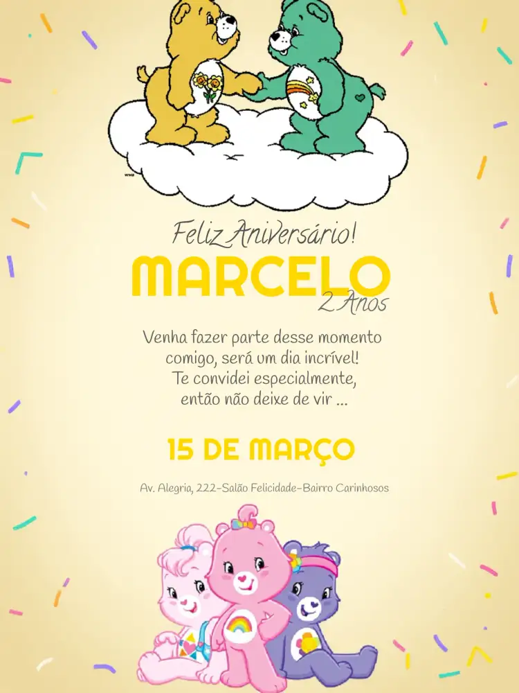 Convite Ursinhos Carinhosos Personalizado – tema Aniversário Infantil colorido, infantil, lúdico, fofo, divertido