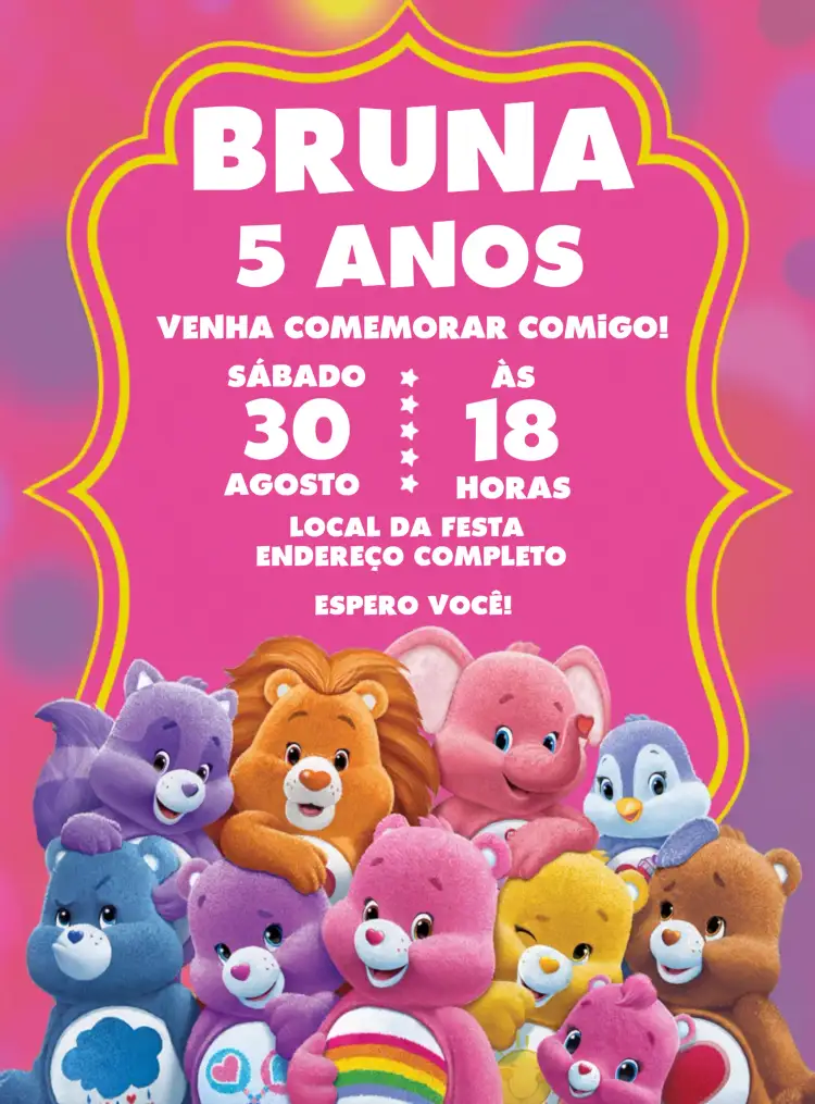 Convite Ursinhos Carinhosos Rosa – tema Aniversário Infantil cores pastel, ilustrações de animais, design lúdico, estilo animado, elementos florais, tema rosa e roxo