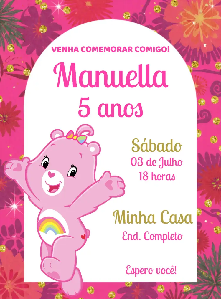 Convite Ursinhos Carinhosos Rosa Fazer – tema Aniversário Infantil rosa, dourado, infantil, lúdico, fofo