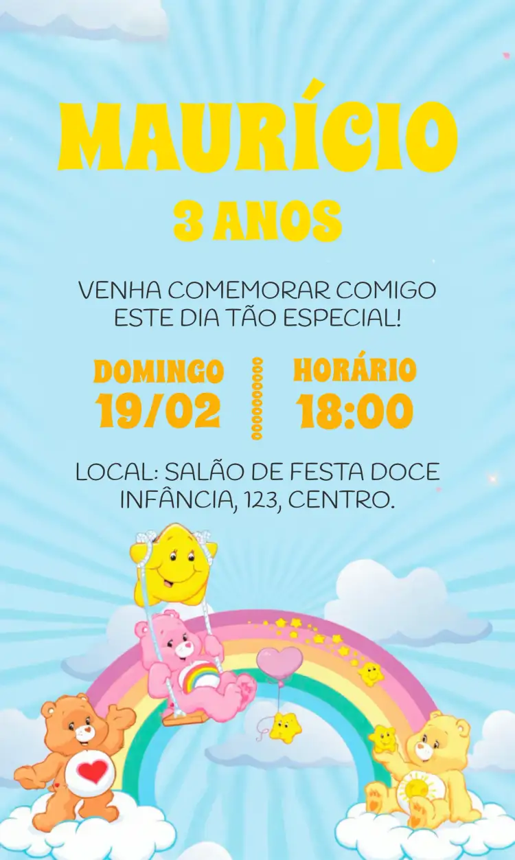 Convite Ursinhos Carinhosos Sol – tema Aniversário Infantil colorido, fofo, moderno, infantil, divertido