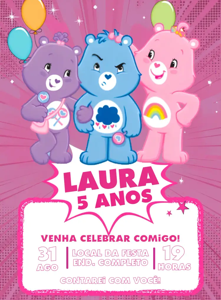 Convite Ursinhos Carinhosos Urso – tema Aniversário Infantil colorido, lúdico, infantil, divertido, moderno