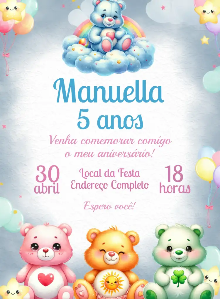 Convite Ursinhos Carinhosos Ursos – tema Aniversário Infantil colorido, lúdico, infantil, fofo, divertido, alegre