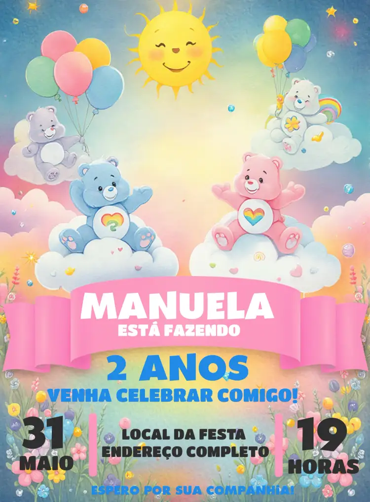 Convite Ursinhos Carinhosos Ursos – tema Aniversário Infantil colorido, lúdico, animado, infantil, fofo