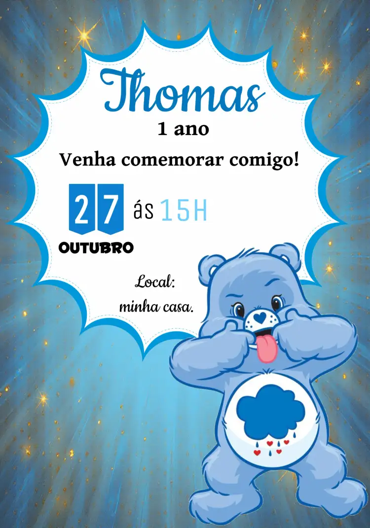 Convite Ursinhos Carinhosos Zangadinho Azul – tema Aniversário Infantil azul, infantil, fofo, divertido, colorido, brincalhão