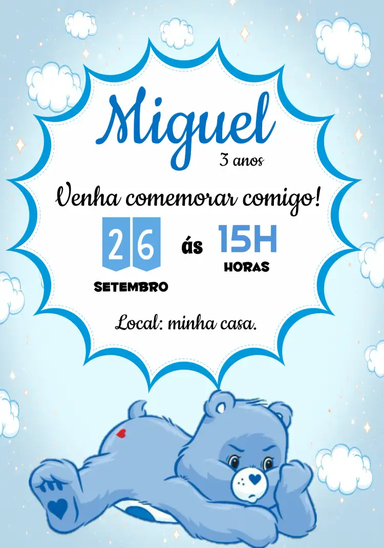 Convite Ursinhos Carinhosos Zangadinho Nuvem – tema Aniversário Infantil azul claro, branco, lúdico, infantil, nuvens, ursinhos