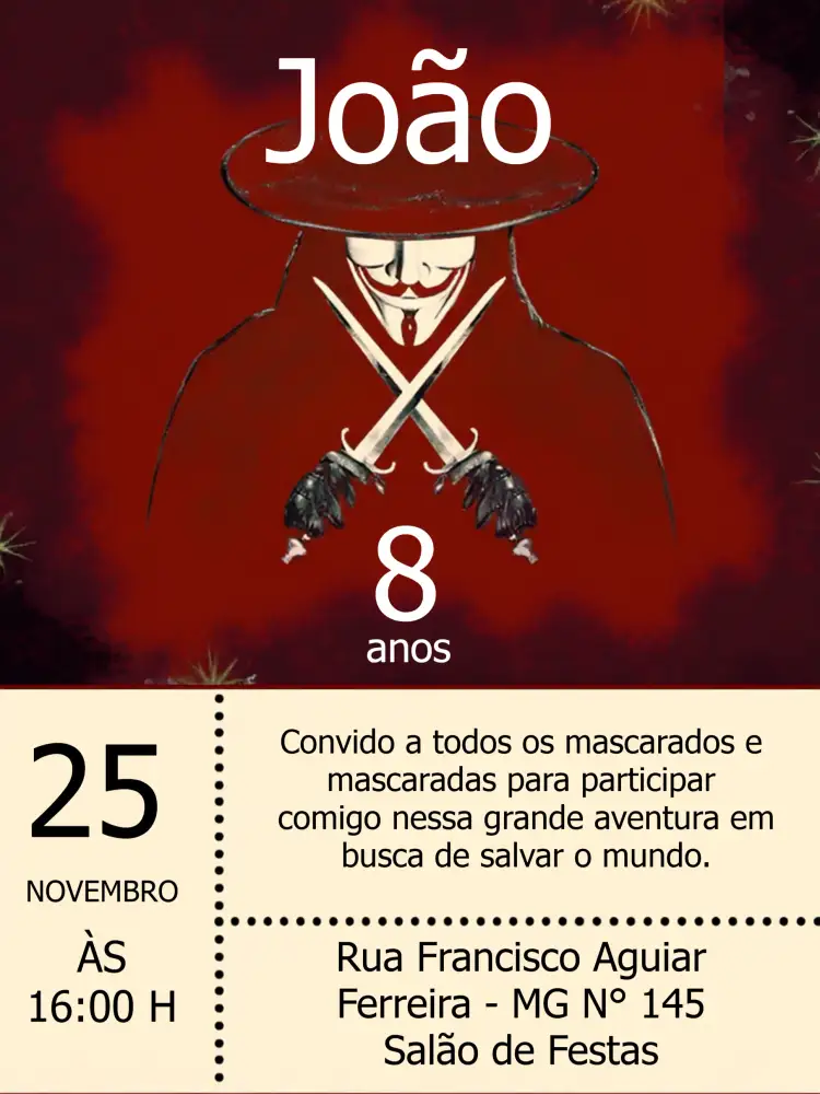 Convite V De Vingança Vermelho – tema Chá de Panela vermelho e branco, temática de vingança, elegante, moderno, drama, fantasia