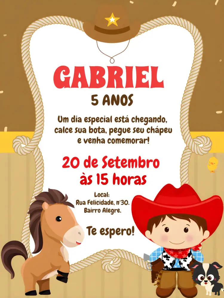Convite Vaqueiro Boiadeiro Marrom – tema Mais pesquisados rustico, country, marrom, sertanejo, fazendinha