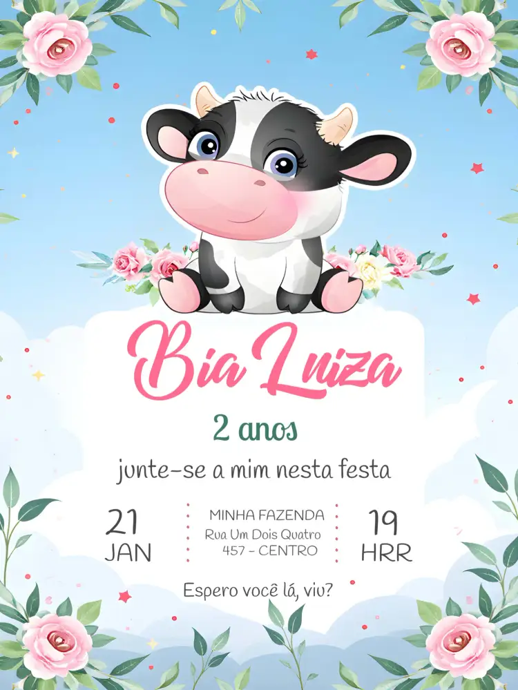 Convite Vaquinha Floral Infantil – tema Mais pesquisados floral, delicado, colorido, rústico, infantil, temático