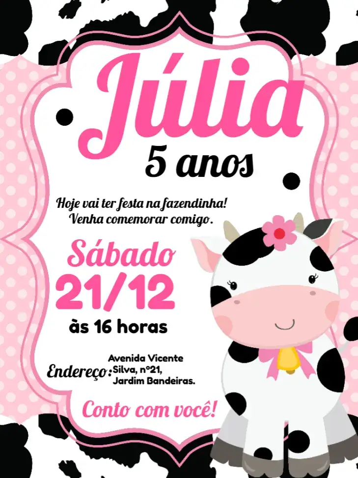 Convite Convite digital Vaquinha fazendinha rosa – tema Mais pesquisados fazendinha, divertido, colorido, moderno, animais, infantil