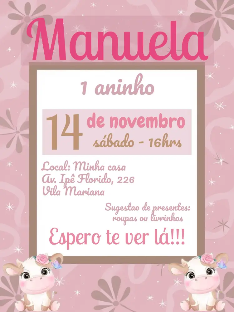 Convite Vaquinha Rosa Ano – tema Datas Comemorativas fazendinha, infantil, lúdico, cores suaves, animais, romântico