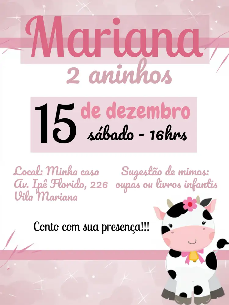 Convite Vaquinha Rosa Marrom – tema Datas Comemorativas fazendinha, rústico, cores pastéis, vintage, animais, infantil
