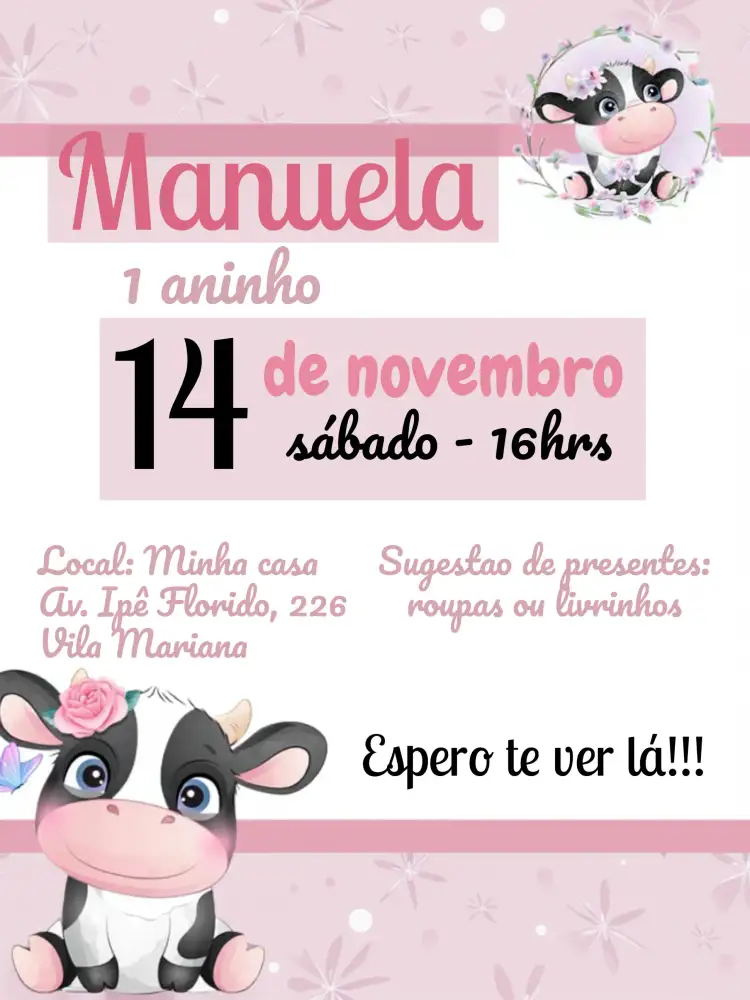 Convite Vaquinha Rosa Marrom – tema Datas Comemorativas fazendinha, vintage, colorido, infantil, lúdico, animais