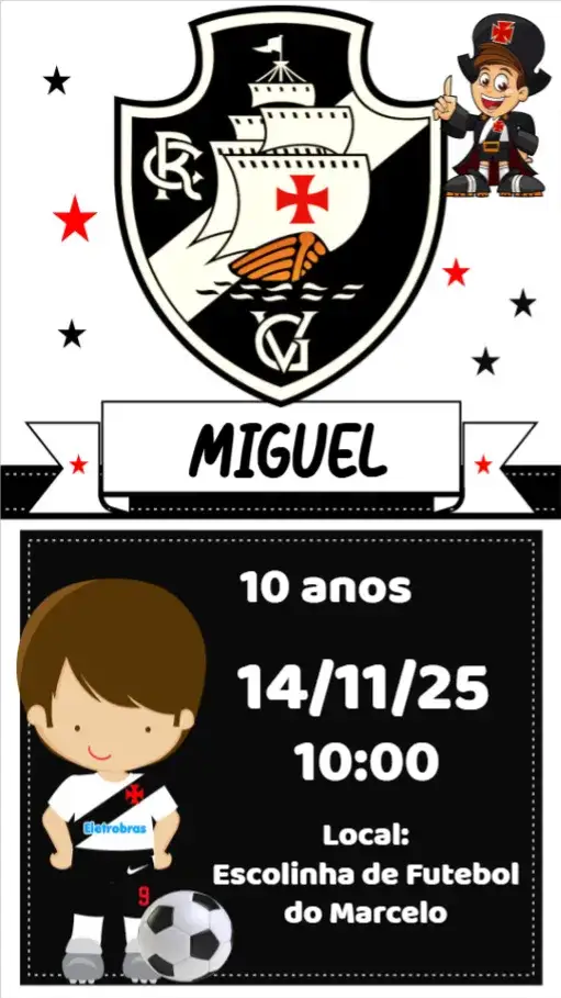Convite Vasco – tema Aniversário futebol, moderno, vibrante, esportivo, colorido