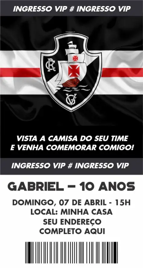 Convite Vasco ingresso – tema Aniversário futebol, esportivo, vibrante, temático, moderno, divertido