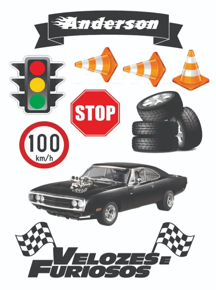 Convite Velozes e Furiosos – tema Topo de bolo cores vibrantes, motivos de velocidade, estilo moderno, detalhes gráficos de corrida, design dinâmico, estética jovem