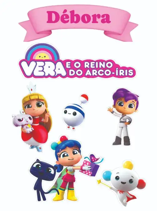 Convite Vera e o Reino do Arco-íris – tema Topo de bolo colorido, fantasia, lúdico, alegre, mágico