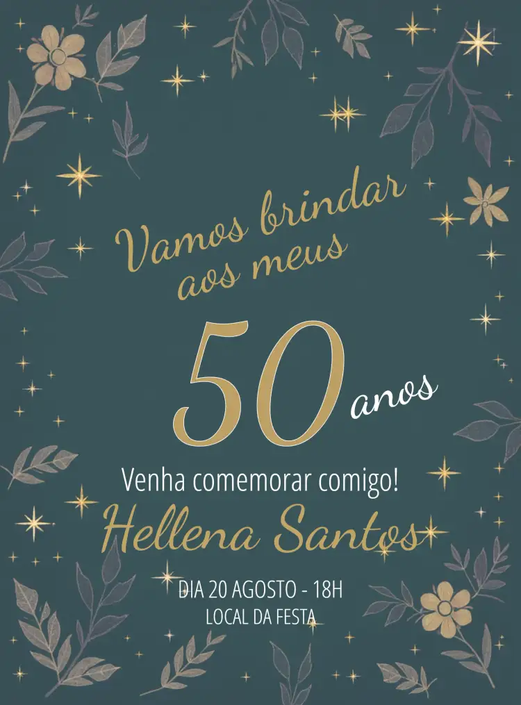 Convite Verde E Dourado - Estrelas Anos – tema Aniversário verde, dourado, estrelas, elegante, moderno, brilhante