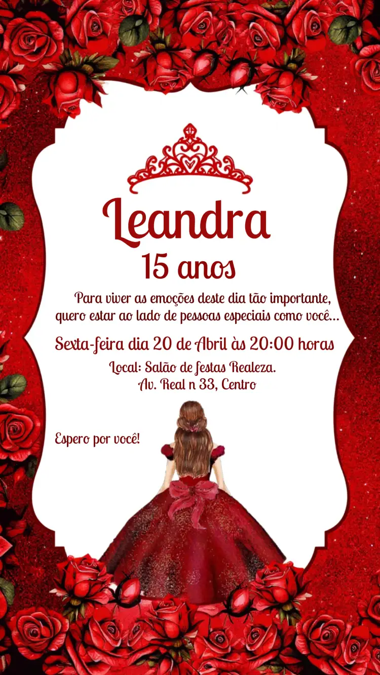 Convite Vermelho Glitter 15 – tema 15 anos glamouroso, romântico, dourado, vibrante, festivo, elegante