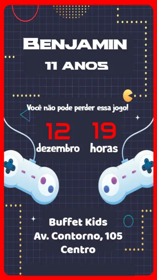 Convite Vídeo Game – tema Aniversário moderno, colorido, jogos 8 bits, futurista, divertido