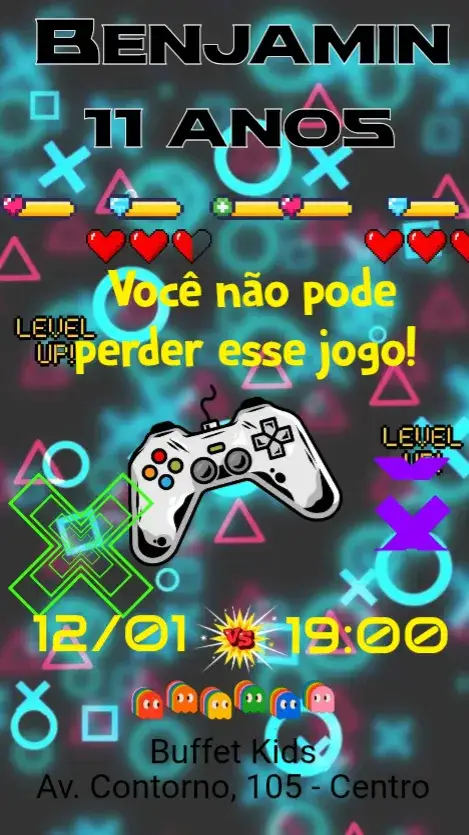 Convite Vídeo Game – tema Aniversário moderno, colorido, jogos, divertido, tecnológico, interativo