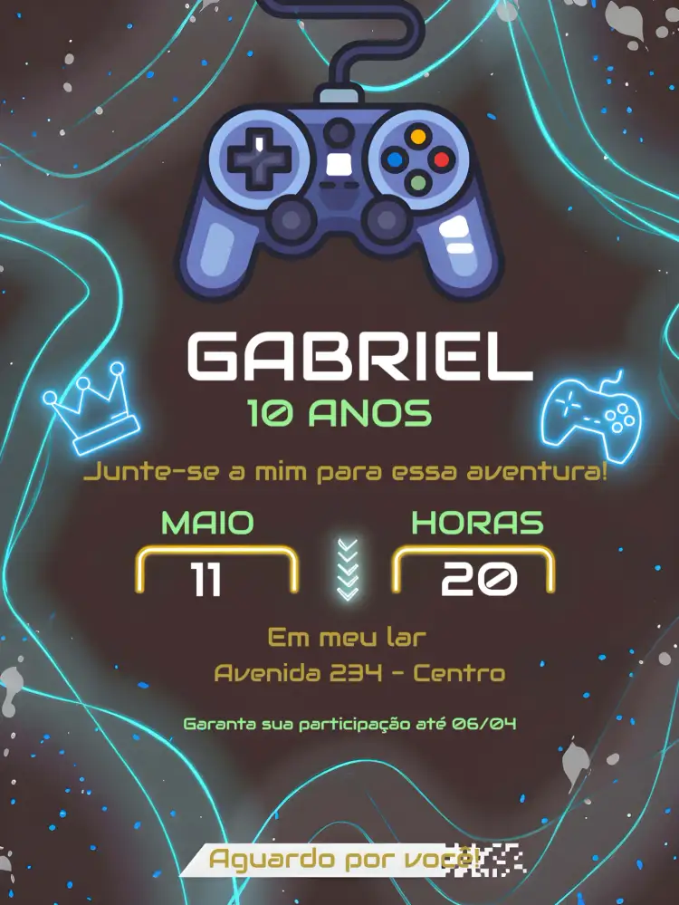 Convite Videogame Gamer Preto Infantil – tema Mais pesquisados gamer, moderno, preto e azul, divertido, temático, tecnológico