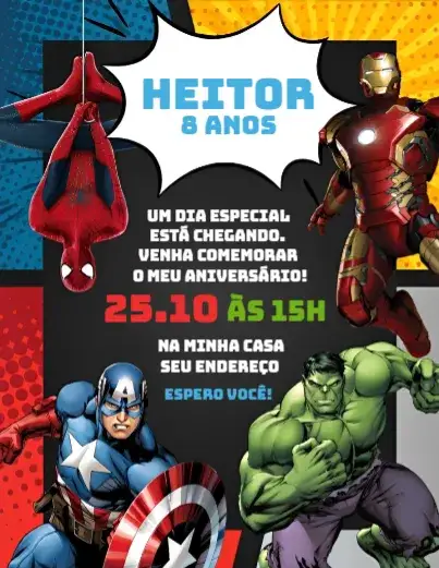Convite Vingadores 1 – tema Aniversário super-heróis, colorido, moderno, dinâmico, aventura, infantil