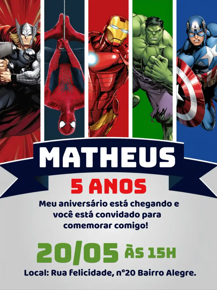 Convite Vingadores Avengers – tema Mais pesquisados colorido, super-heróis, moderno, temático, divertido, dinâmico