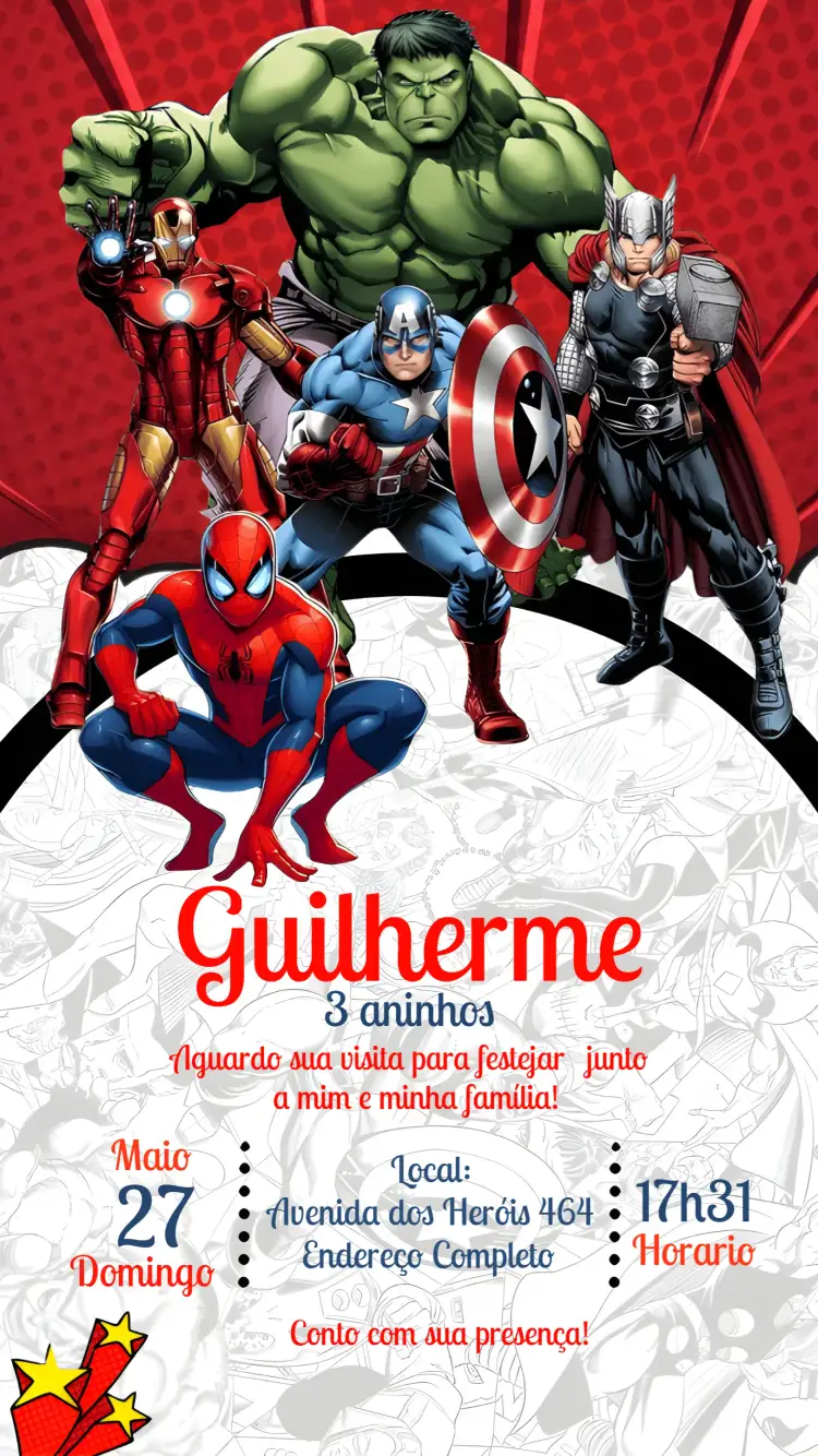 Convite Vingadores Infantil – tema Mais pesquisados colorido, super-heróis, dinâmico, moderno, jovem