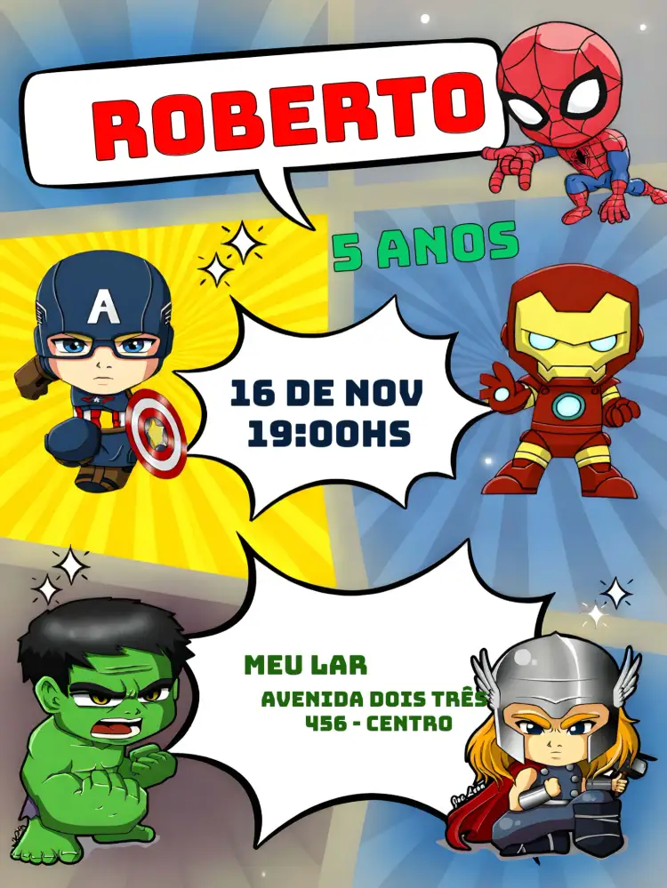Convite Vingadores Toy Marvel – tema Mais pesquisados colorido, brilhante, divertido, jovial, moderno