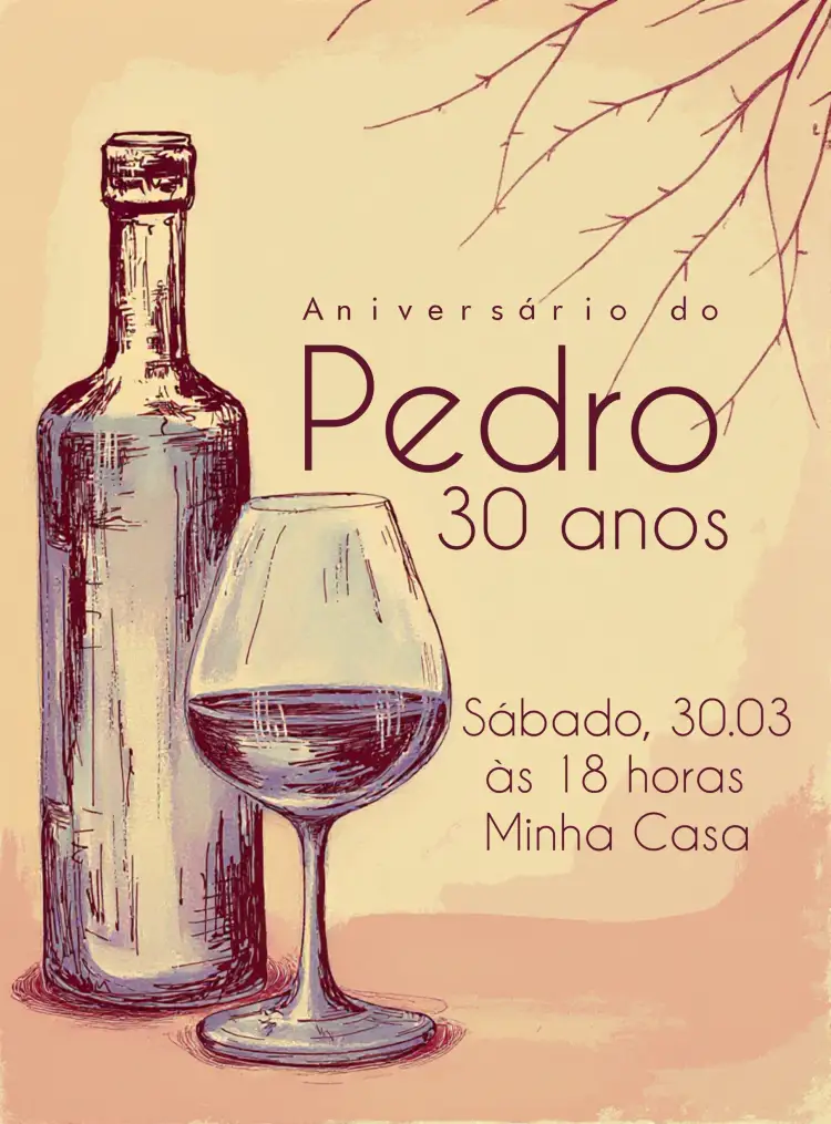 Convite Vinho Bebidas – tema Aniversário minimalista, moderno, elegante, sóbrio, vinho, clássico