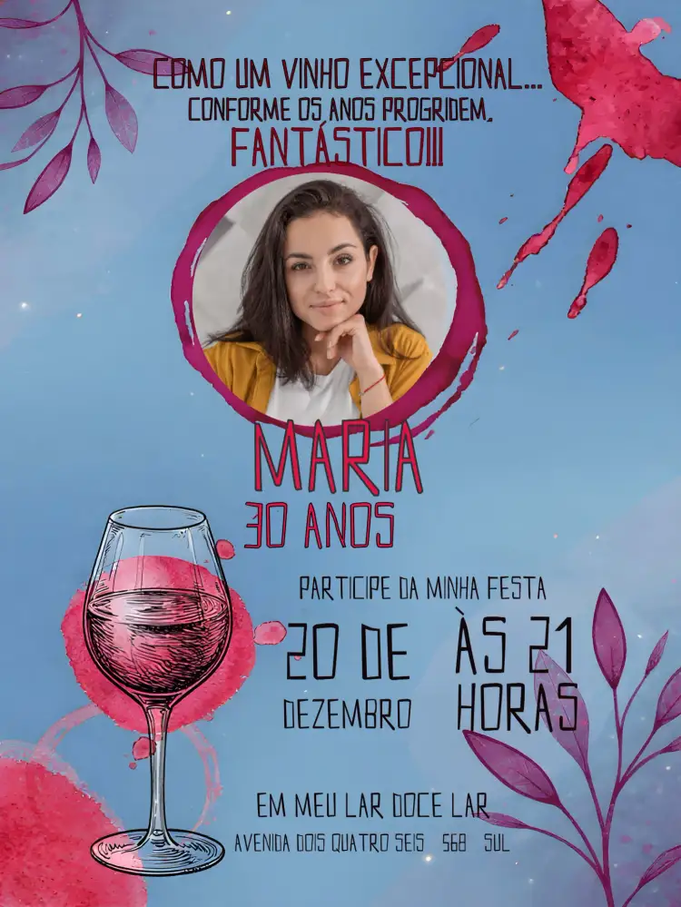 Convite Vinho Com Foto Rótulo – tema Aniversário elegante, vintage, moderno, boho, minimalista