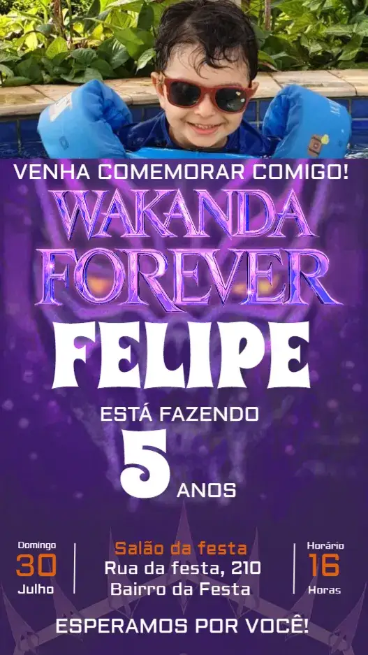 Convite Wakanda Forever Com Foto Banner – tema Aniversário Infantil Wakanda, aventura, temático, colorido, moderno, divertido
