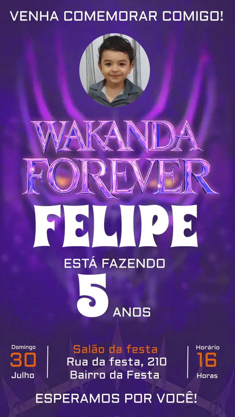 Convite Wakanda Forever Com Foto Roxo – tema Aniversário Infantil roxo, rosa, branco, temática de super-heróis, moderno, divertido