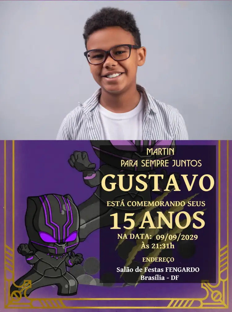 Convite Wakanda Para Sempre Com Foto Preto – tema Mais pesquisados moderno, temático, elegante, sóbrio, dourado, preto
