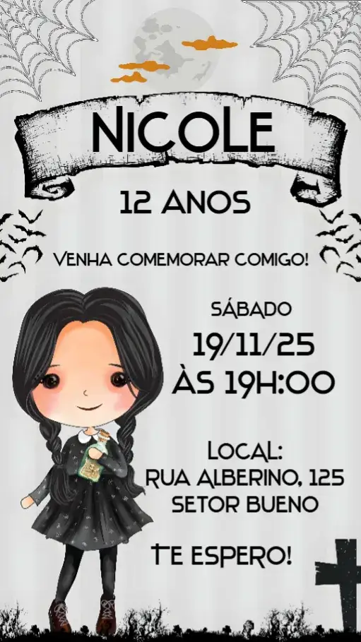Convite Wandinha – tema Aniversário mágico, colorido, fantasia, divertido, lúdico, temático
