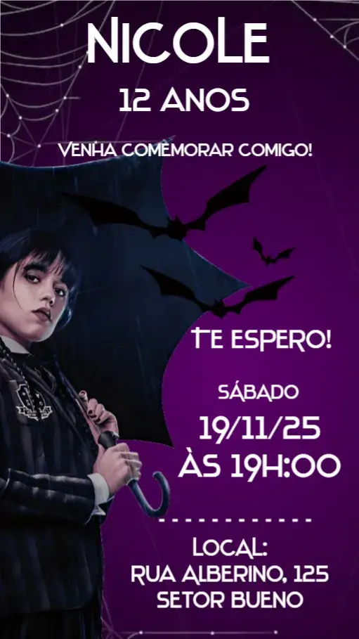 Convite Wandinha – tema Aniversário temática de aventura, cores vibrantes, ilustrações lúdicas, estilo moderno, elementos gráficos de fantasia