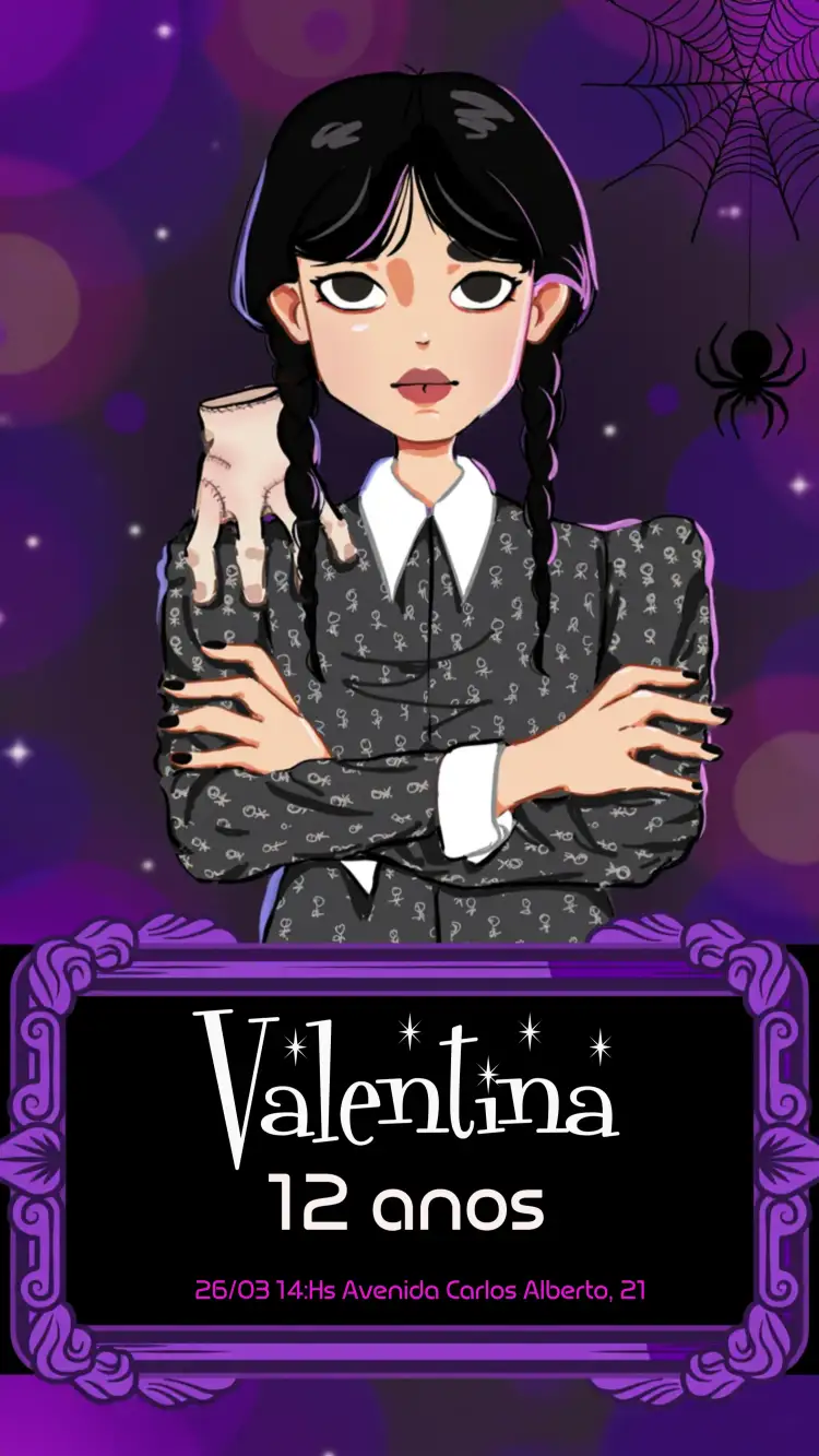 Convite Wandinha Addams Amigos – tema Datas Comemorativas preto, roxo, gótico, divertido, temático, infantil