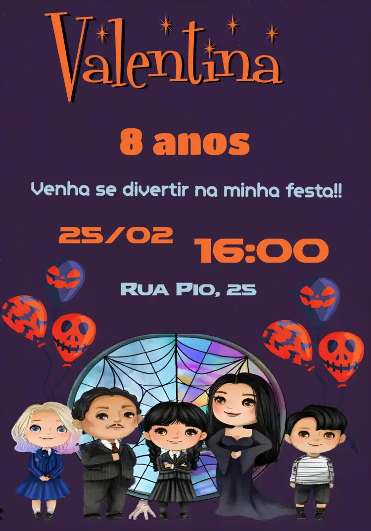 Convite Wandinha Addams Azul – tema Datas Comemorativas azul, preto, laranja, branco, temático, divertido