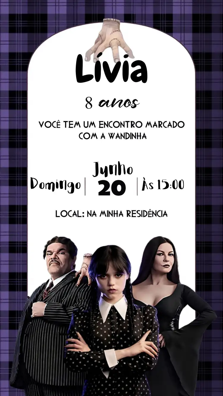 Convite Wandinha Addams Família – tema Aniversário Infantil preto, roxo, gótico, vintage, divertido, temático