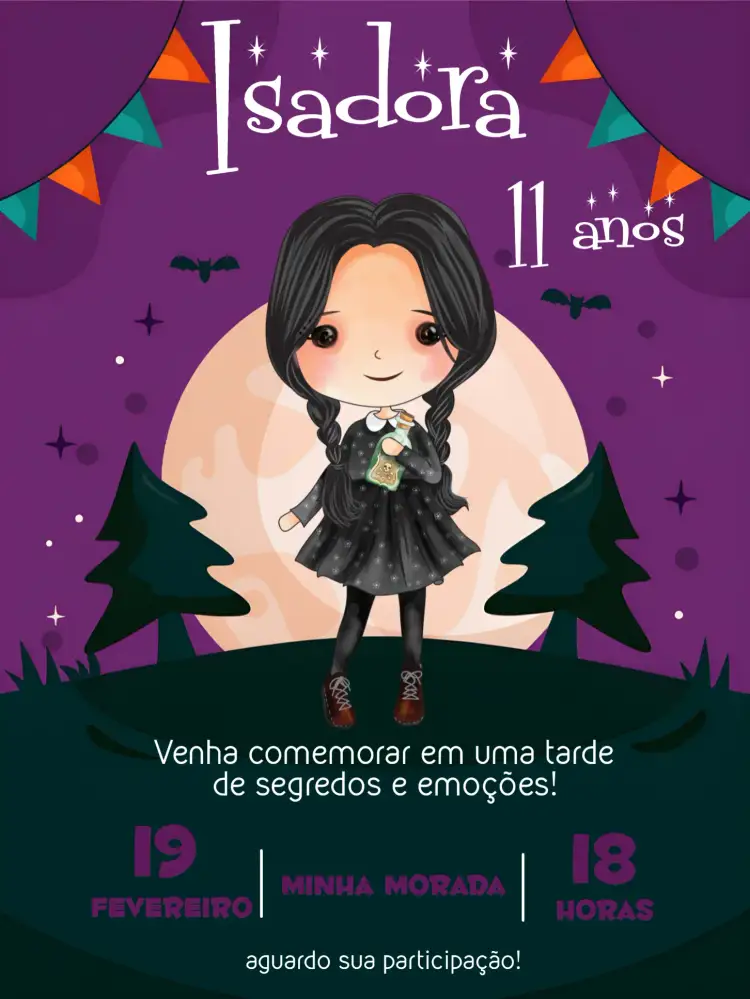 Convite Wandinha Addams Familia – tema Mais pesquisados sombrio, gótico, vintage, moderno, divertido, excêntrico
