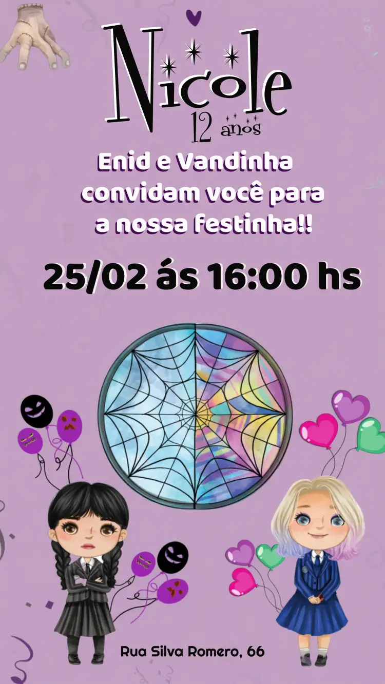 Convite Wandinha Addams Festa – tema Datas Comemorativas roxo, preto, branco, temático, divertido, fantástico