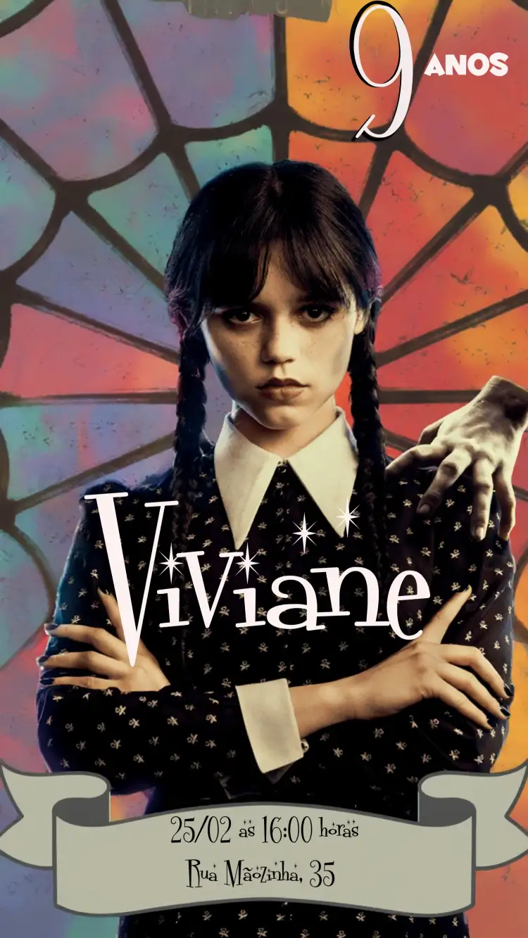Convite Wandinha Addams Milhares – tema Datas Comemorativas gótico, colorido, divertido, temático, familiar, sombreamento