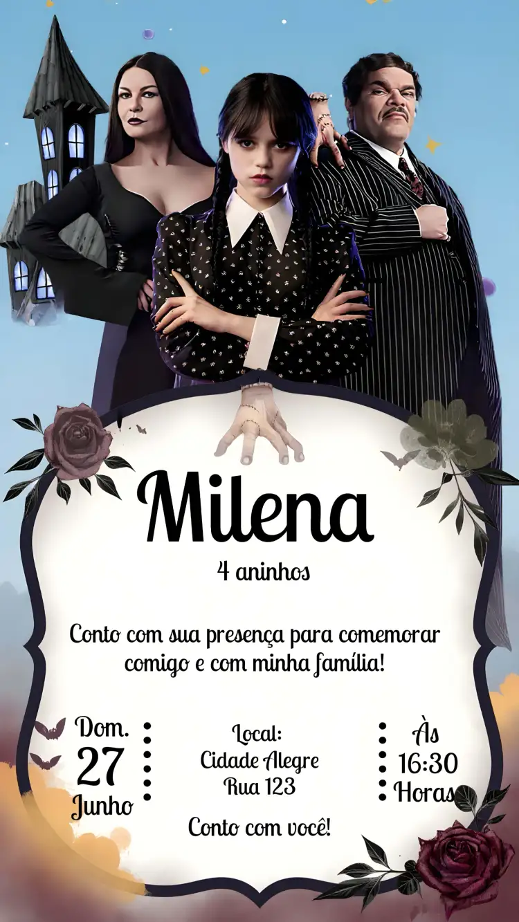 Convite Wandinha Addams Mortícia – tema Aniversário Infantil lilás, rosa, gótico, misterioso, divertido, temático