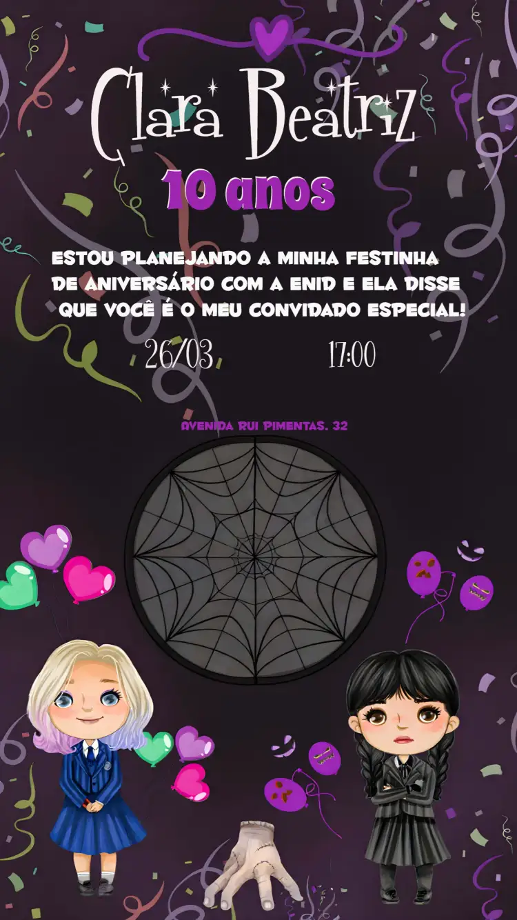 Convite Wandinha Addams Os – tema Datas Comemorativas preto e branco, roxo, vintage, temático, moderno, divertido