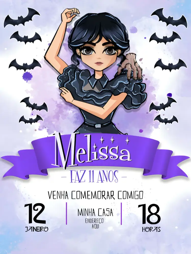 Convite Wandinha Addams Roxo – tema Mais pesquisados roxo, lilás, aquarela, temático, divertido, moderno