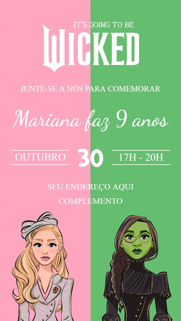 Convite Wicked – tema Aniversário Infantil fantasia, colorido, mágico, lúdico, moderno