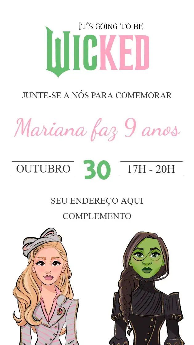Convite Wicked – tema Aniversário Infantil cores vibrantes, estilo lúdico, elementos gráficos de bruxas, fantasia, místico, divertido