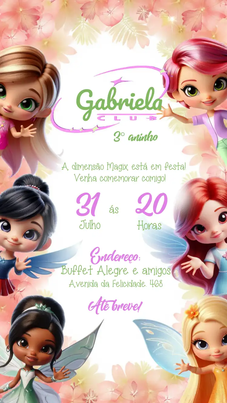 Convite Wiki O Clube Das Winx – tema Datas Comemorativas colorido, fantasia, mágico, divertido, juvenil